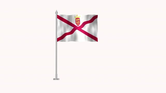 Flag of Jersey, Pole flag of Jersey on white screen, Jersey 3D Animation flag waving in the wind isolated on white Background. 
