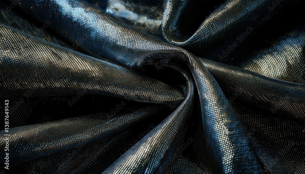 Poster close-up of glossy black metallic fabric texture with shimmering highlights for digital background a
