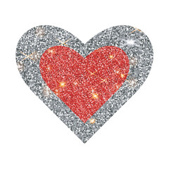 Vector glitter red  silver heart.  Shiny heart isolated on white background. Glitter sticker. Valentine's Day Design Elements