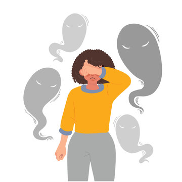 Woman suffers from mental health problems. The concept is paranoid woman in panic. Flat vector illustration isolated on white background.