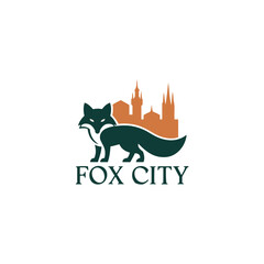 Fox silhouette, city skyline, medieval architecture, spires and towers, minimalist logo design, dark green and orange color scheme, stylized animal, urban wildlife concept, negative space
