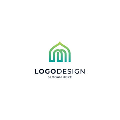 mosque and letter M with line art style for religious logos, Ramadan and Islamic holidays