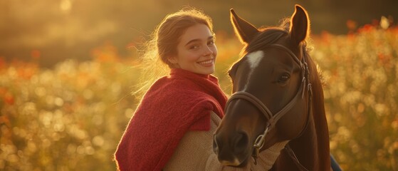 Fototapeta premium Girl riding horse in autumn field smiling joyfully, connection with nature, equestrian lifestyle, outdoor adventure, sunset scenery, happiness and freedom.