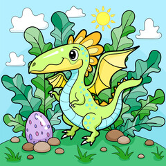 Funny green flying dinosaur and egg on the background of large leaves. Flat design. For children's design of prints, posters, cards, stickers, etc. Vector illustration