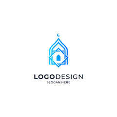 mosque building with line art style for religious logo, Ramadan and Islamic holidays