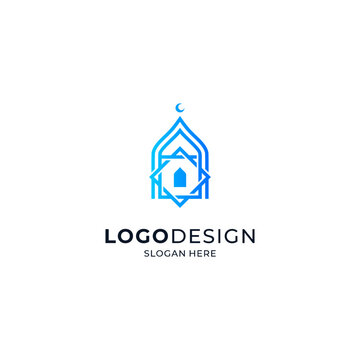 mosque building with line art style for religious logo, Ramadan and Islamic holidays