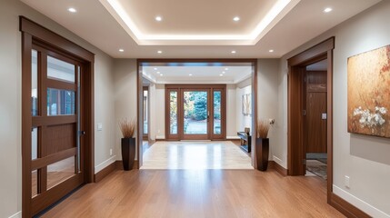 Fototapeta premium Inviting foyer showcasing modern design and natural light with hardwood flooring and art decor interior