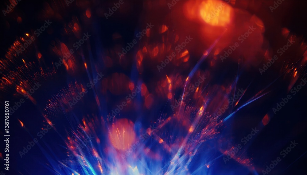 Poster cosmic blue and red energy burst with abstract light rays ideal for sci-fi design, digital art, and 