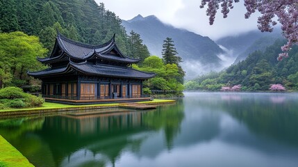 A serene floating temple on a misty lake, surrounded by cherry blossoms and ancient lanterns