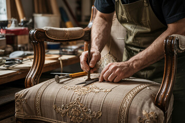 skilled craftsman meticulously restoring antique armchair upholstery