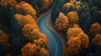 Aerial view of winding road through vibrant autumn forest with colorful foliage, peaceful nature scenery, and scenic travel inspiration in fall season. top view