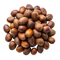 A rich harvest of shea nuts, ready for processing into luxurious skincare, displayed against a pure white background.