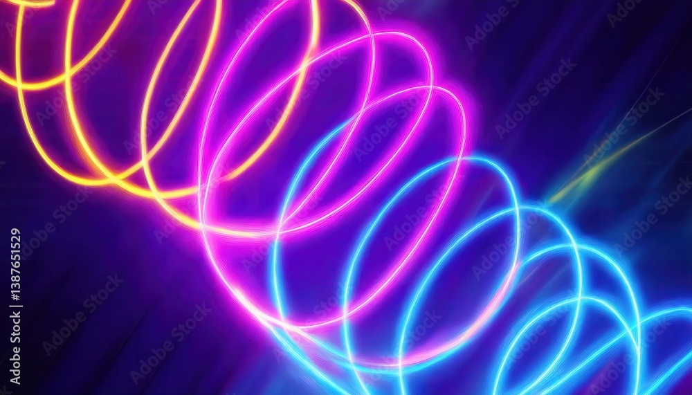 Poster  glowing neon spiral loop on dark abstract background for tech art, music visuals, digital decor, or sci-fi design projects