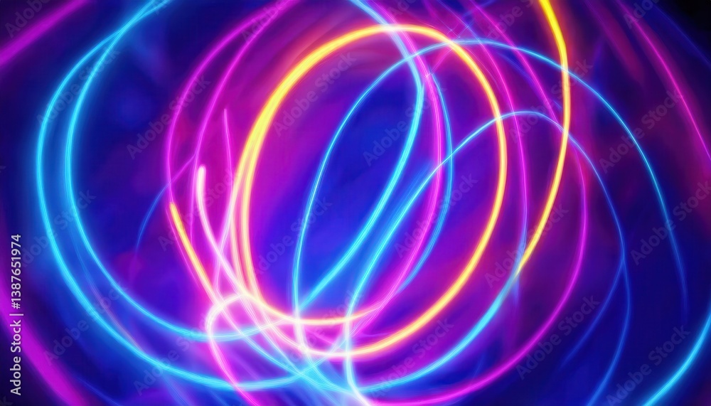 Poster  glowing neon spiral loop on dark abstract background for tech art, music visuals, digital decor, or sci-fi design projects