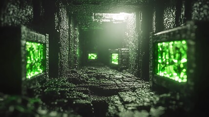 Obraz premium Dark, mysterious stone corridor with glowing green panels.