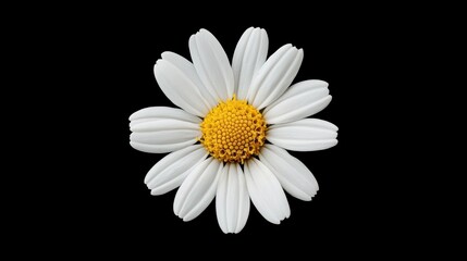 Obraz premium Close-up of a single white daisy flower with a yellow center, isolated on a black background.