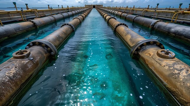 Long Pipeline Network Immersed in Turquoise Water