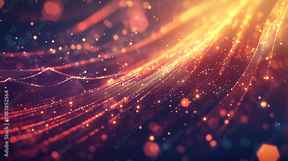 Poster abstract image of glowing orange and red particles, forming wavy lines on dark background, suggestin