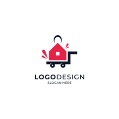 shop logo for housing, interior and exterior tools with accents on trolleys, tag labels and house building