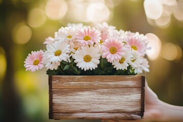 Hand holding wooden box with white and pink daisies in a beautiful outdoor setting, floral arrangement, gardening, spring decoration, nature, vibrant colors.