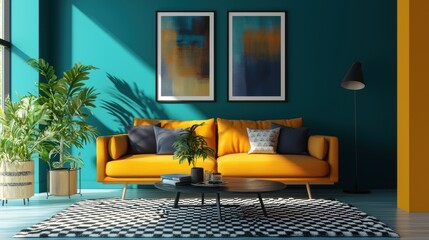 Fototapeta premium Sunny teal room with artistic flair cozy golden sofa black coffee table patterned rug and elegant potted plants