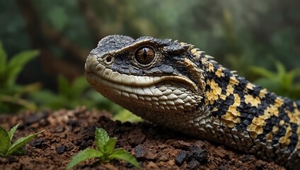 Fototapeta premium Close-up of Armadillo Lizard Resting on Soil in Lush Habitat