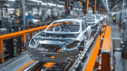 auto assembly line of cars in a factory. Generative AI.