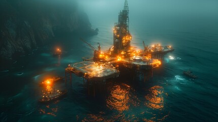 Obraz premium Vibrant Oil Rig Aglow in the Misty Ocean Depths