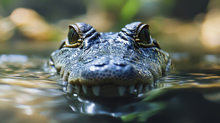Obraz premium Crocodile peeking above water with blurred background. Intense gaze