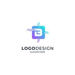 the letter B with a colorful and shiny microchip frame for logos of sophisticated technology, applications, software or hardware