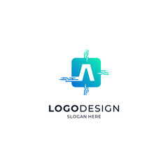 the letter A with a colorful and shiny microchip frame for logos of sophisticated technology, applications, software or hardware