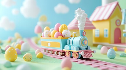 Colorful toy train carrying Easter eggs.