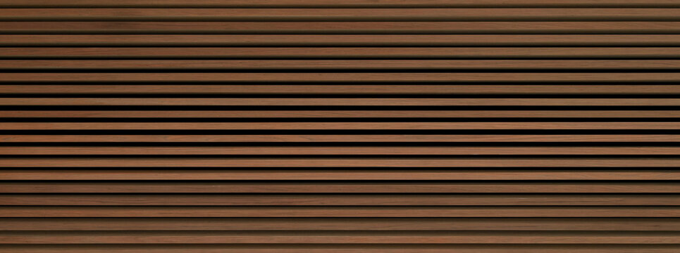 Long panoramic wooden background banner - brown wooden acoustic panels wall texture seamless pattern horizontal.