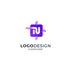 the letter N with a colorful and shiny microchip frame for logos of sophisticated technology, applications, software or hardware