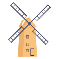 Windmill with propeller. Rotating blades on old building. Agricultural old structure. grain, energy production. Isolated mill tower. Vector illustration.