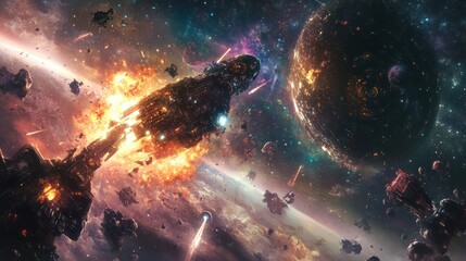 Cinematic portrayal of intergalactic conflict with spacecrafts and a massive planet