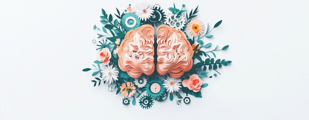 An illustration of the brain with gears and flowers symbolizes the connection between mental health, cognitive wellness, and creative thinking