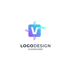 the letter V with a colorful and shiny microchip frame for logos of sophisticated technology, applications, software or hardware
