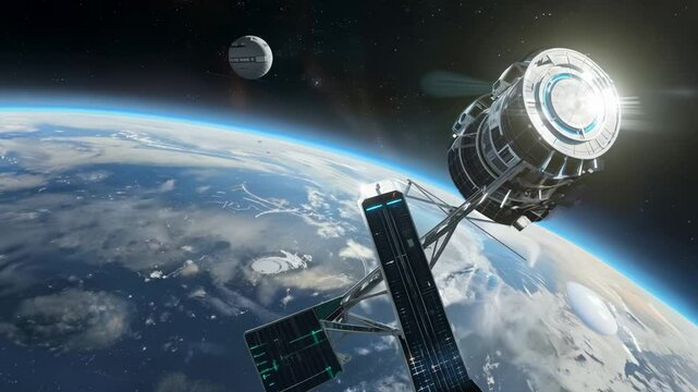 Futuristic space station orbiting earth with moon in the background