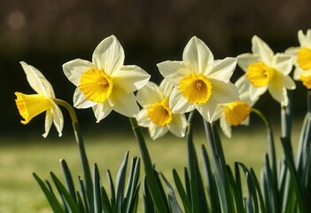 Obraz premium Bright yellow daffodils blooming in sunlit garden