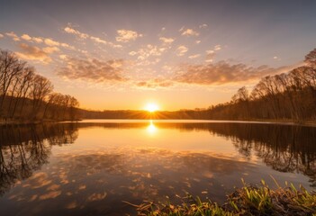Fototapeta premium Tranquil lake sunrise with reflective serenity in autumnal forest