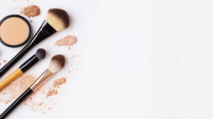 Cosmetic brushes and face powders arranged neatly. Ideal for beauty, skincare, and makeup tutorial content.