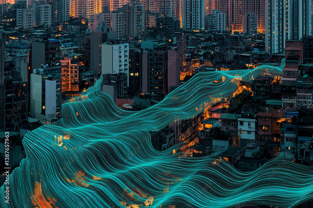 Poster aerial view of city buildings at night, overlaid with turquoise flowing lines, creating a dynamic an