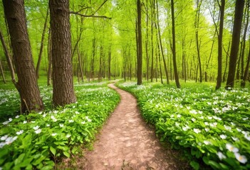 Obraz premium Peaceful path through verdant forest in spring