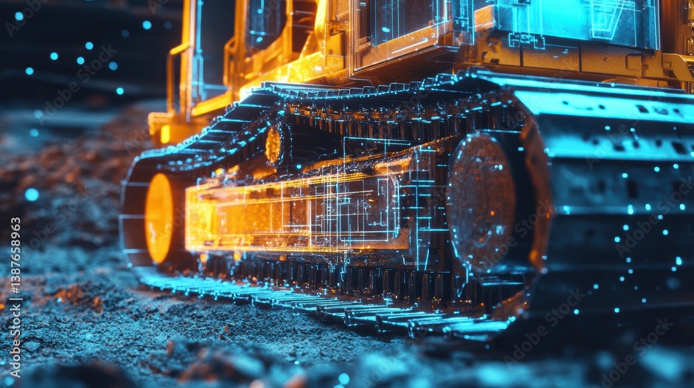 Poster close-up of a bulldozer's tracks with futuristic digital overlay.
