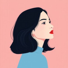 Stylized vector portrait of a woman with black hair and red lips wearing a blue top, set against a pastel pink background.