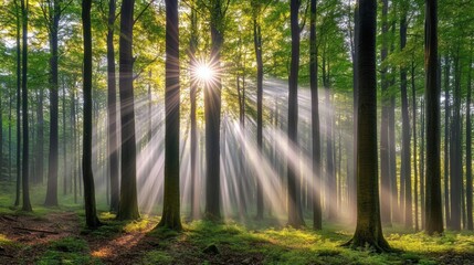 Sun Rays Streaming Through Tall Trees in Dense Forest – Mystical Nature Scene with Golden Light Beams and Lush Green Canopy