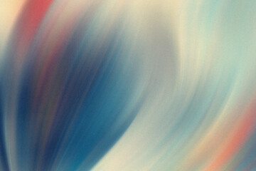 An abstract painting featuring blurred strokes of blue, red, and beige colors blending together...