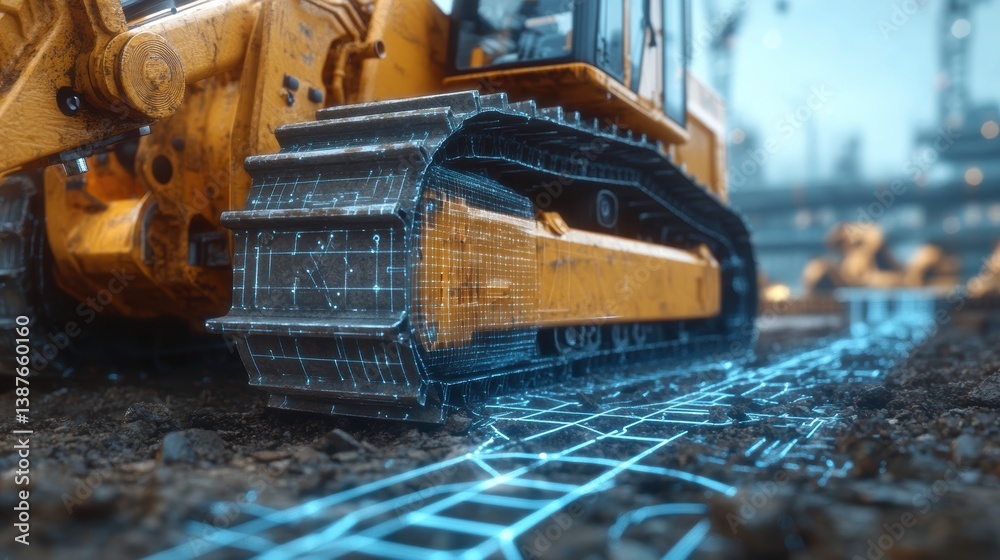 Poster close-up of a yellow bulldozer's tracks with a digital grid overlay on the ground at a construction 
