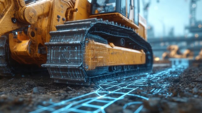 Close-up of a yellow bulldozer's tracks with a digital grid overlay on the ground at a construction site.